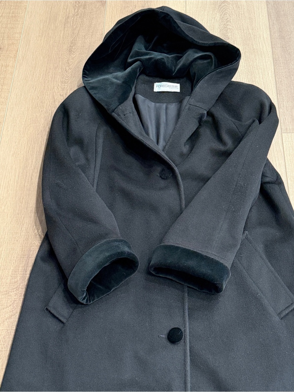 Forecaster of Boston Vintage 90’s Maxi Trench Coat 6 USA Wool Velvet Hood Black - Picture 8 of 15